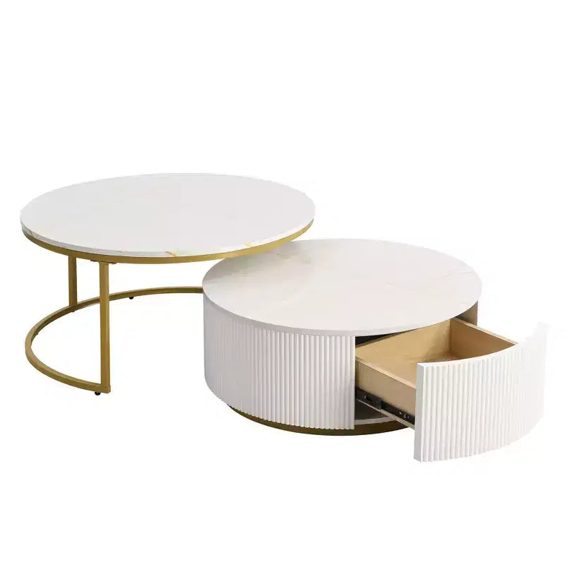 Okak Modern Coffee Table Set of 2 Nesting Tables, Round Side Table Fluted for Living Room, Accent Table with Storage Drawer