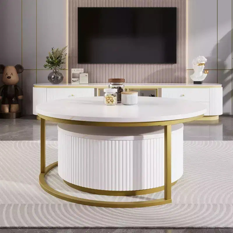Okak Modern Coffee Table Set of 2 Nesting Tables, Round Side Table Fluted for Living Room, Accent Table with Storage Drawer