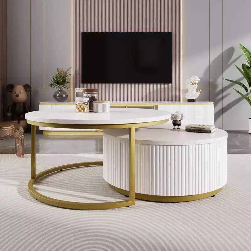 Okak Modern Coffee Table Set of 2 Nesting Tables, Round Side Table Fluted for Living Room, Accent Table with Storage Drawer