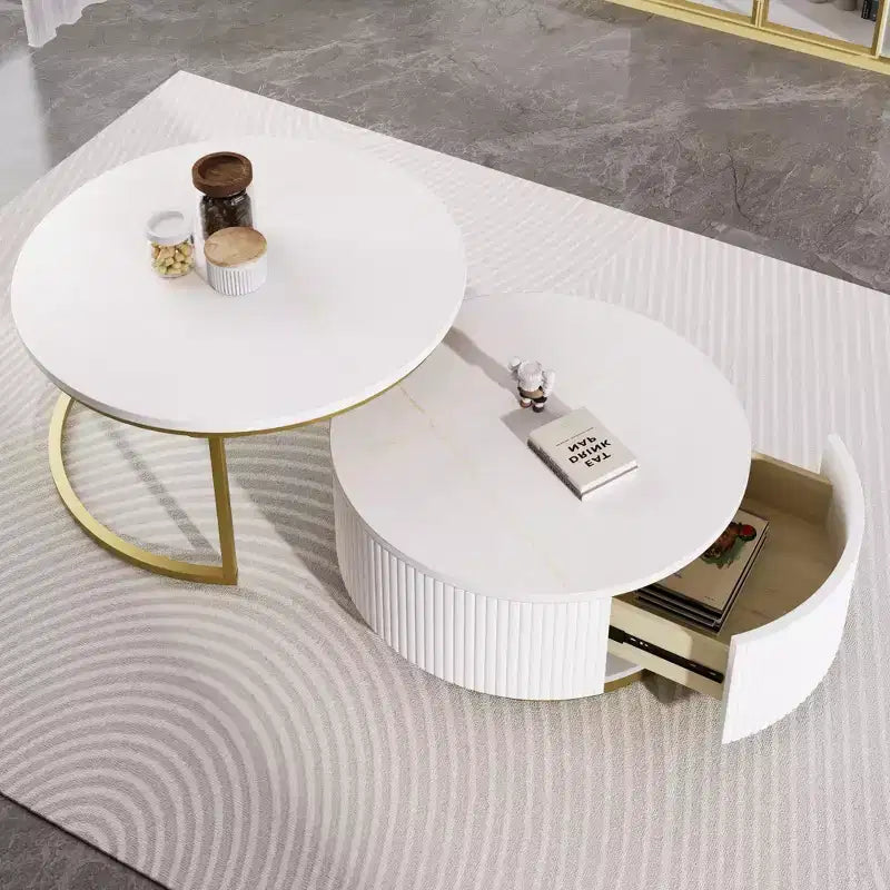 Okak Modern Coffee Table Set of 2 Nesting Tables, Round Side Table Fluted for Living Room, Accent Table with Storage Drawer