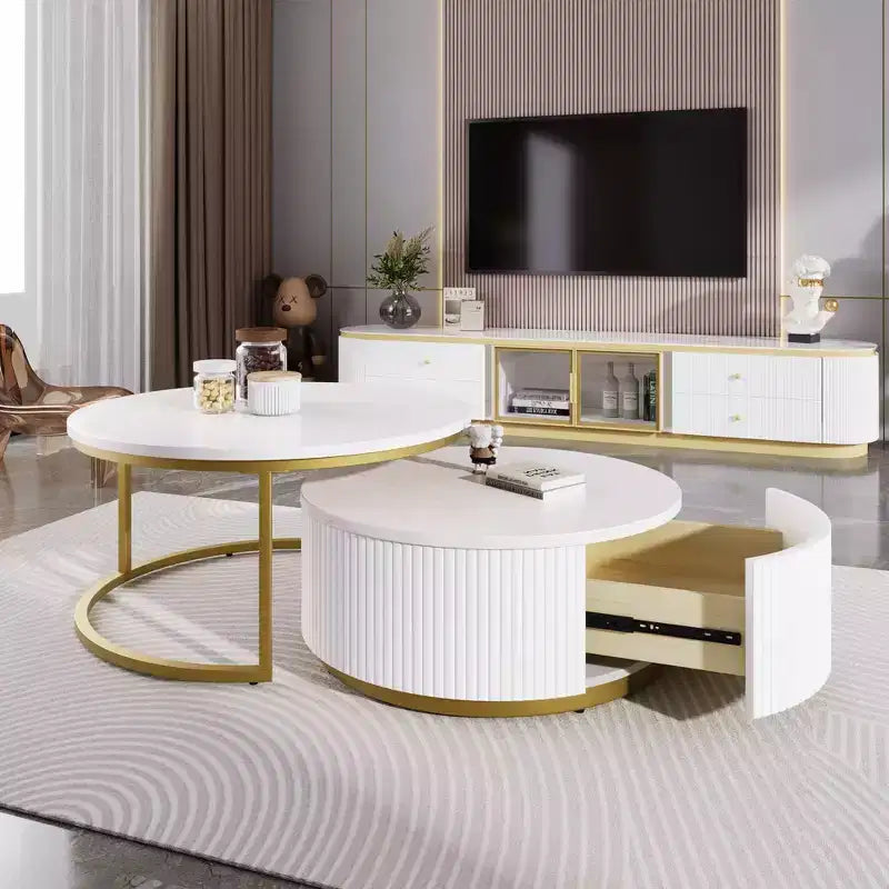 Okak Modern Coffee Table Set of 2 Nesting Tables, Round Side Table Fluted for Living Room, Accent Table with Storage Drawer