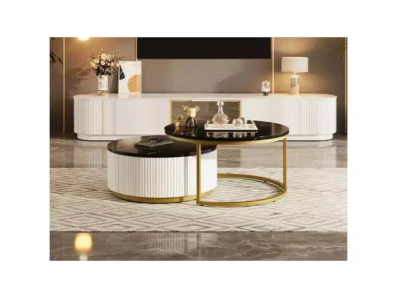 Okak Modern Coffee Table Set of 2 Nesting Tables, Round Side Table Fluted for Living Room, Accent Table with Storage Drawer