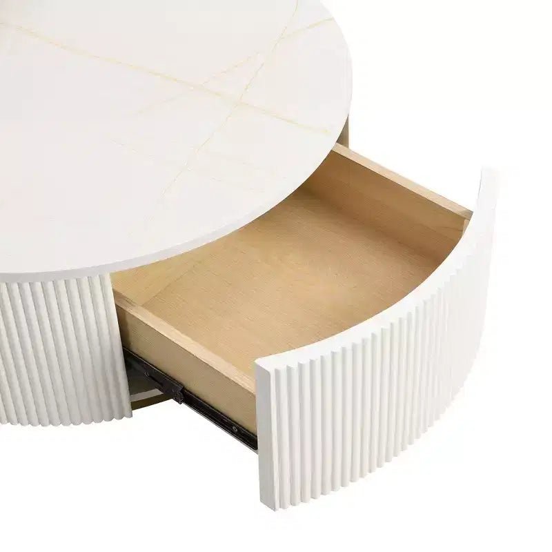 Okak Modern Coffee Table Set of 2 Nesting Tables, Round Side Table Fluted for Living Room, Accent Table with Storage Drawer