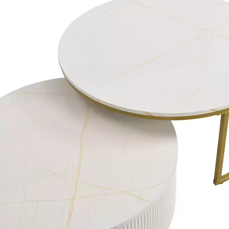 Okak Modern Coffee Table Set of 2 Nesting Tables, Round Side Table Fluted for Living Room, Accent Table with Storage Drawer