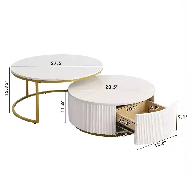 Okak Modern Coffee Table Set of 2 Nesting Tables, Round Side Table Fluted for Living Room, Accent Table with Storage Drawer