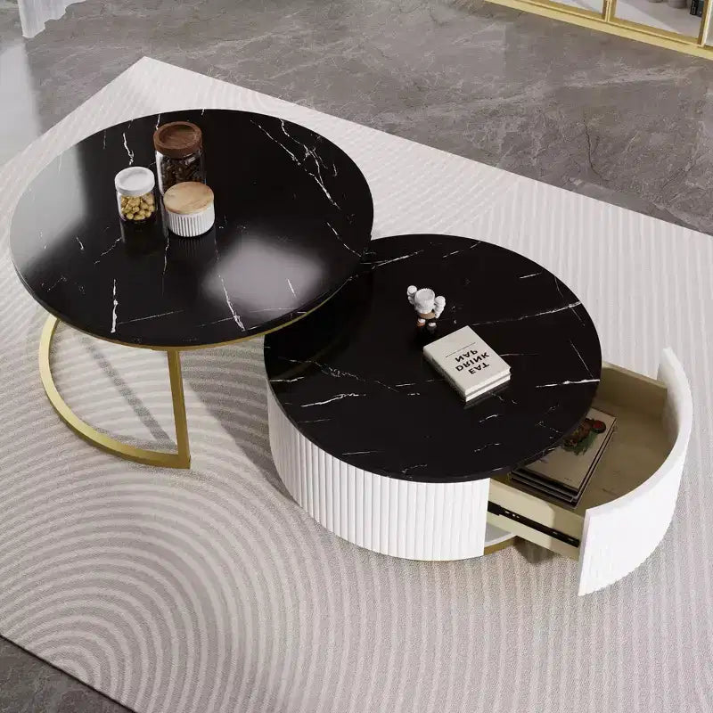 Okak Modern Coffee Table Set of 2 Nesting Tables, Round Side Table Fluted for Living Room, Accent Table with Storage Drawer
