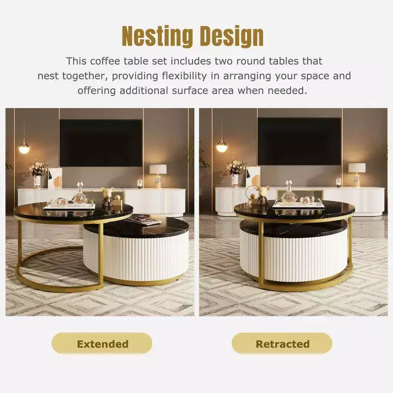 Okak Modern Coffee Table Set of 2 Nesting Tables, Round Side Table Fluted for Living Room, Accent Table with Storage Drawer
