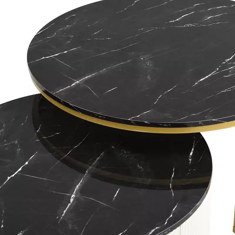 Okak Modern Coffee Table Set of 2 Nesting Tables, Round Side Table Fluted for Living Room, Accent Table with Storage Drawer