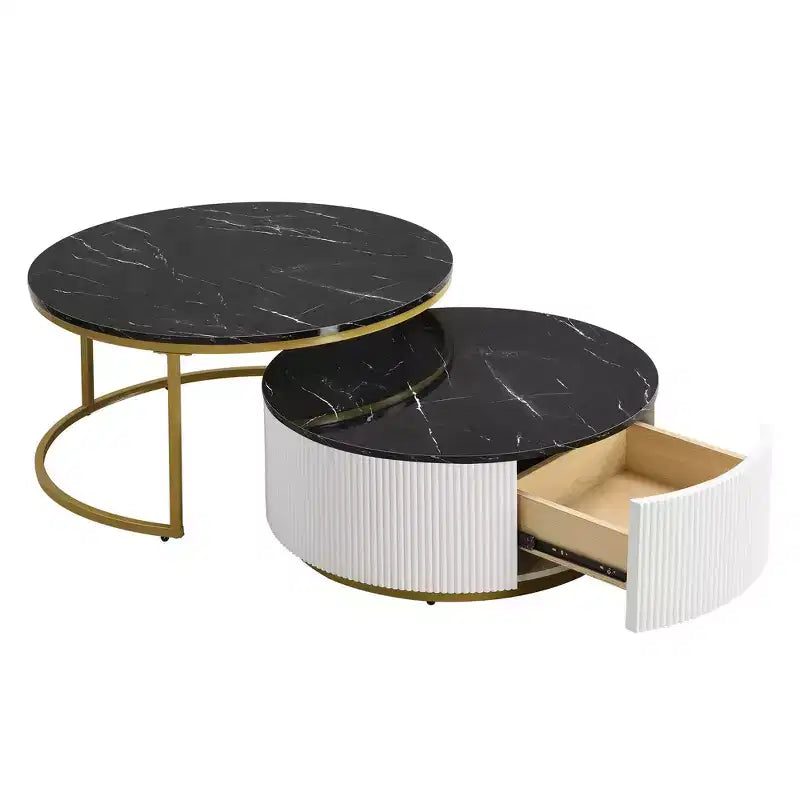 Okak Modern Coffee Table Set of 2 Nesting Tables, Round Side Table Fluted for Living Room, Accent Table with Storage Drawer