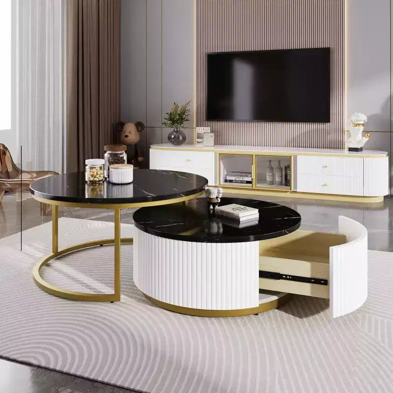 Okak Modern Coffee Table Set of 2 Nesting Tables, Round Side Table Fluted for Living Room, Accent Table with Storage Drawer