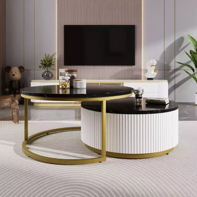 Okak Modern Coffee Table Set of 2 Nesting Tables, Round Side Table Fluted for Living Room, Accent Table with Storage Drawer