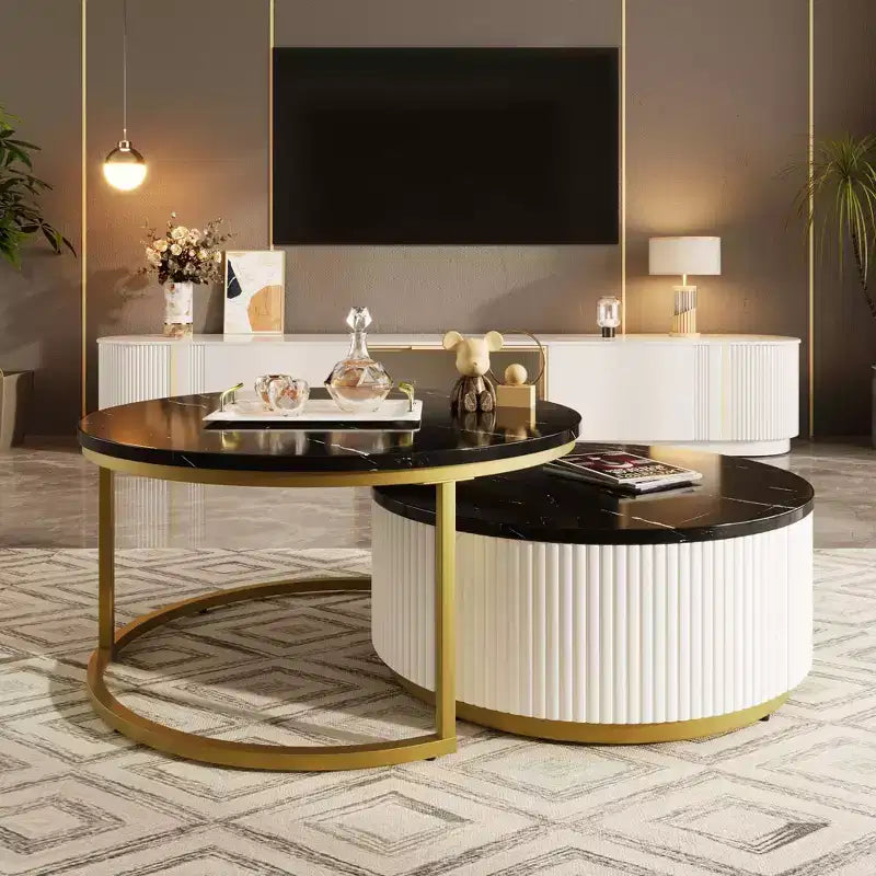 Okak Modern Coffee Table Set of 2 Nesting Tables, Round Side Table Fluted for Living Room, Accent Table with Storage Drawer