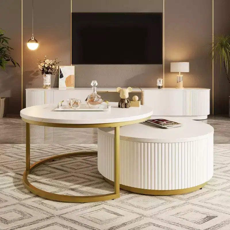 Okak Modern Coffee Table Set of 2 Nesting Tables, Round Side Table Fluted for Living Room, Accent Table with Storage Drawer