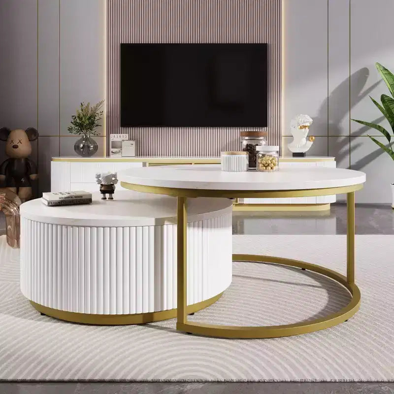 Okak Modern Coffee Table Set of 2 Nesting Tables, Round Side Table Fluted for Living Room, Accent Table with Storage Drawer