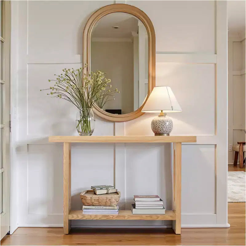 Bekrvio 47-Inch Farmhouse Wood Console Tables with Solid Wood Veneer - 2'' Thickened Tabletop, 2-Tier Narrow Sofa Table Behind Couch