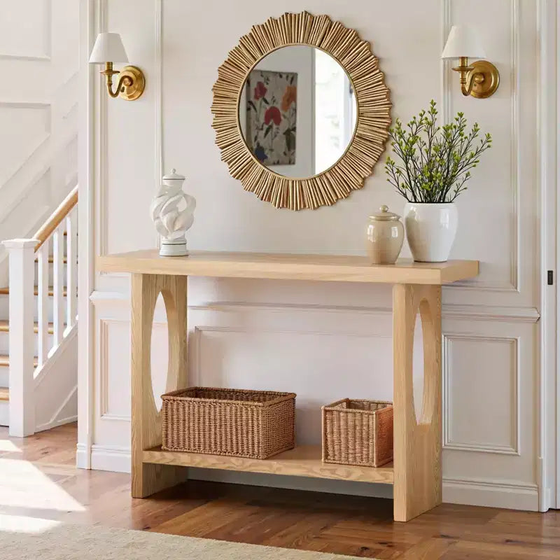 Bekrvio 47-Inch Farmhouse Wood Console Tables with Solid Wood Veneer - 2'' Thickened Tabletop, 2-Tier Narrow Sofa Table Behind Couch