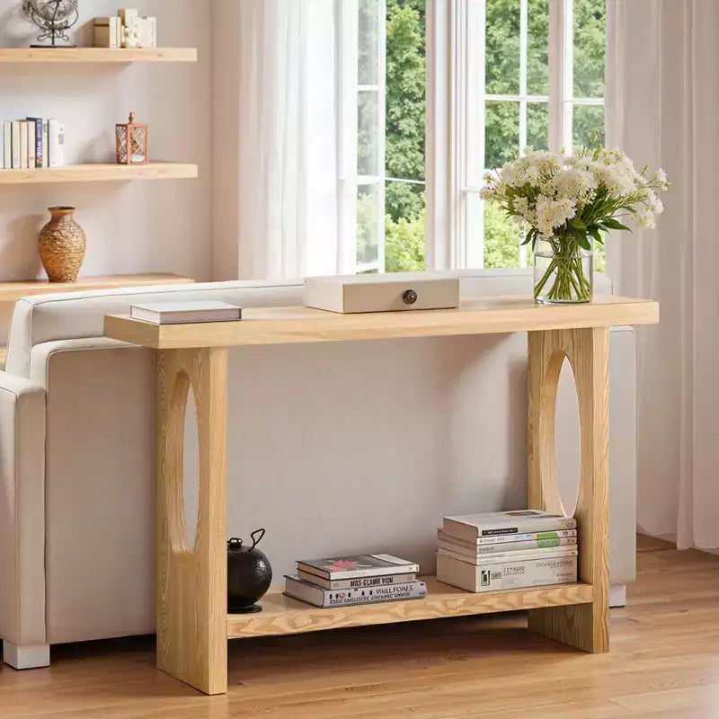 Bekrvio 47-Inch Farmhouse Wood Console Tables with Solid Wood Veneer - 2'' Thickened Tabletop, 2-Tier Narrow Sofa Table Behind Couch