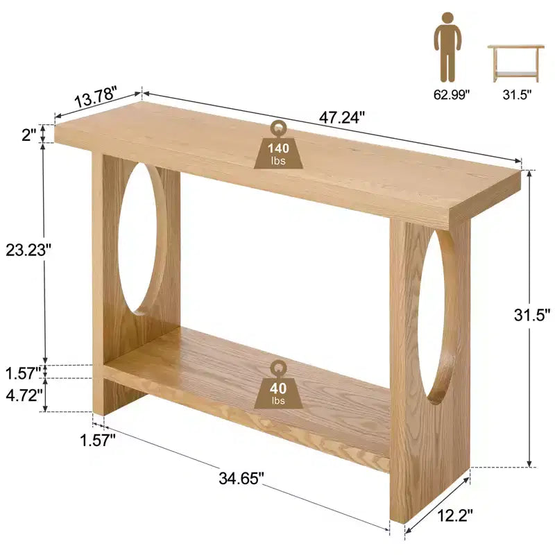 Bekrvio 47-Inch Farmhouse Wood Console Tables with Solid Wood Veneer - 2'' Thickened Tabletop, 2-Tier Narrow Sofa Table Behind Couch