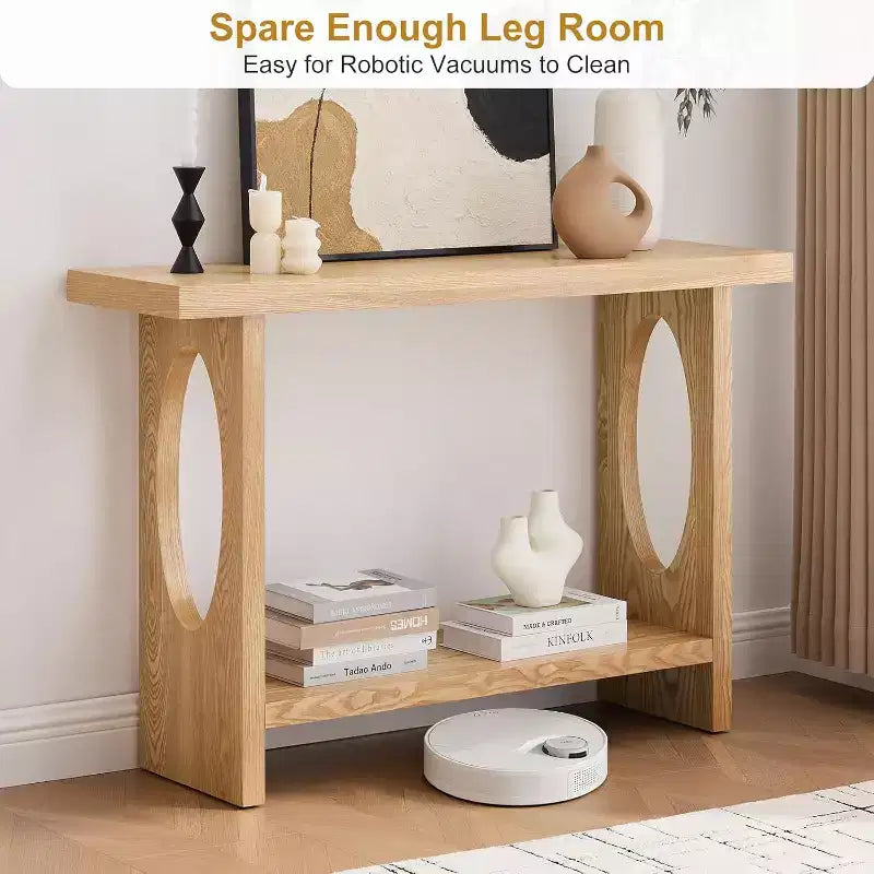 Bekrvio 47-Inch Farmhouse Wood Console Tables with Solid Wood Veneer - 2'' Thickened Tabletop, 2-Tier Narrow Sofa Table Behind Couch