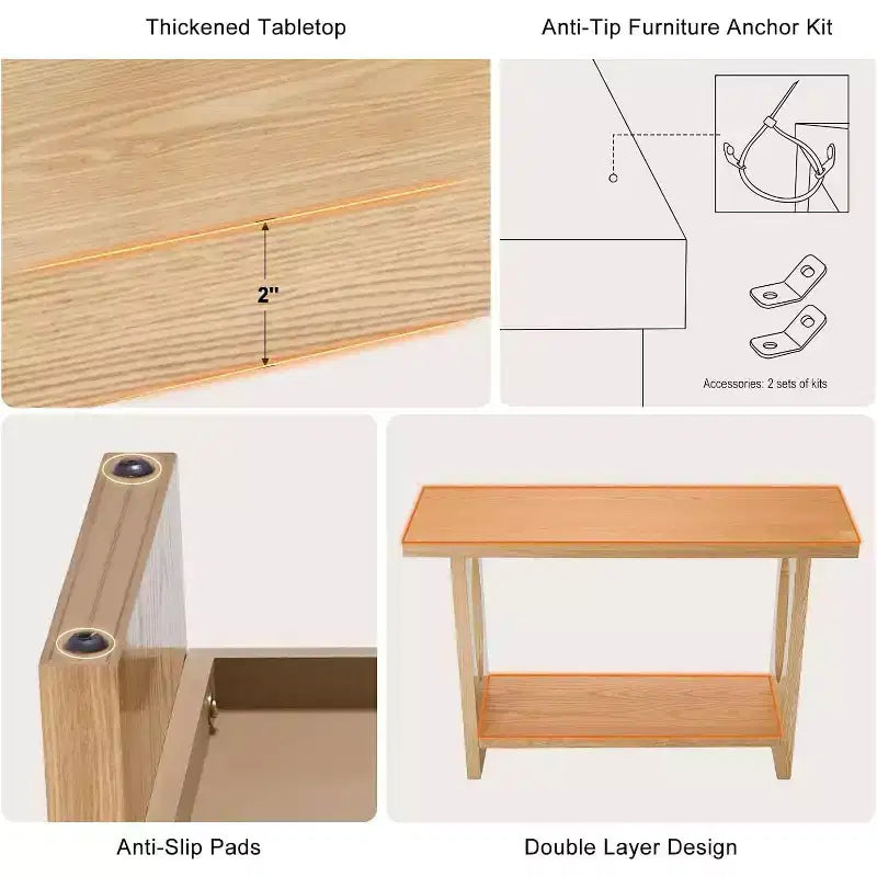 Bekrvio 47-Inch Farmhouse Wood Console Tables with Solid Wood Veneer - 2'' Thickened Tabletop, 2-Tier Narrow Sofa Table Behind Couch