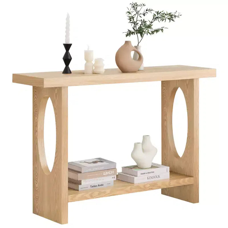 Bekrvio 47-Inch Farmhouse Wood Console Tables with Solid Wood Veneer - 2'' Thickened Tabletop, 2-Tier Narrow Sofa Table Behind Couch