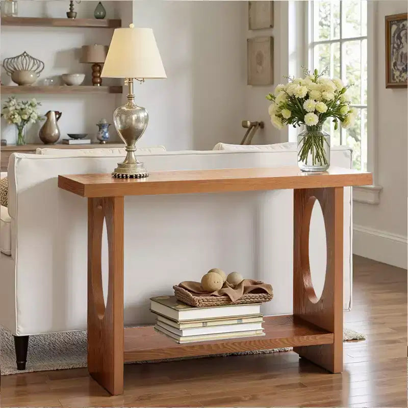 Bekrvio 47-Inch Farmhouse Wood Console Tables with Solid Wood Veneer - 2'' Thickened Tabletop, 2-Tier Narrow Sofa Table Behind Couch
