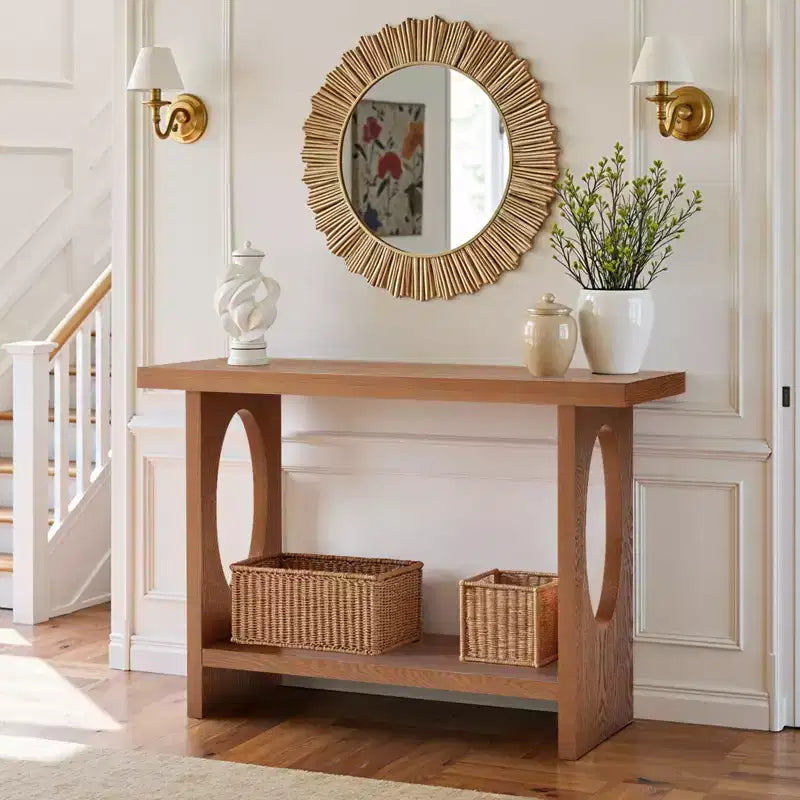 Bekrvio 47-Inch Farmhouse Wood Console Tables with Solid Wood Veneer - 2'' Thickened Tabletop, 2-Tier Narrow Sofa Table Behind Couch