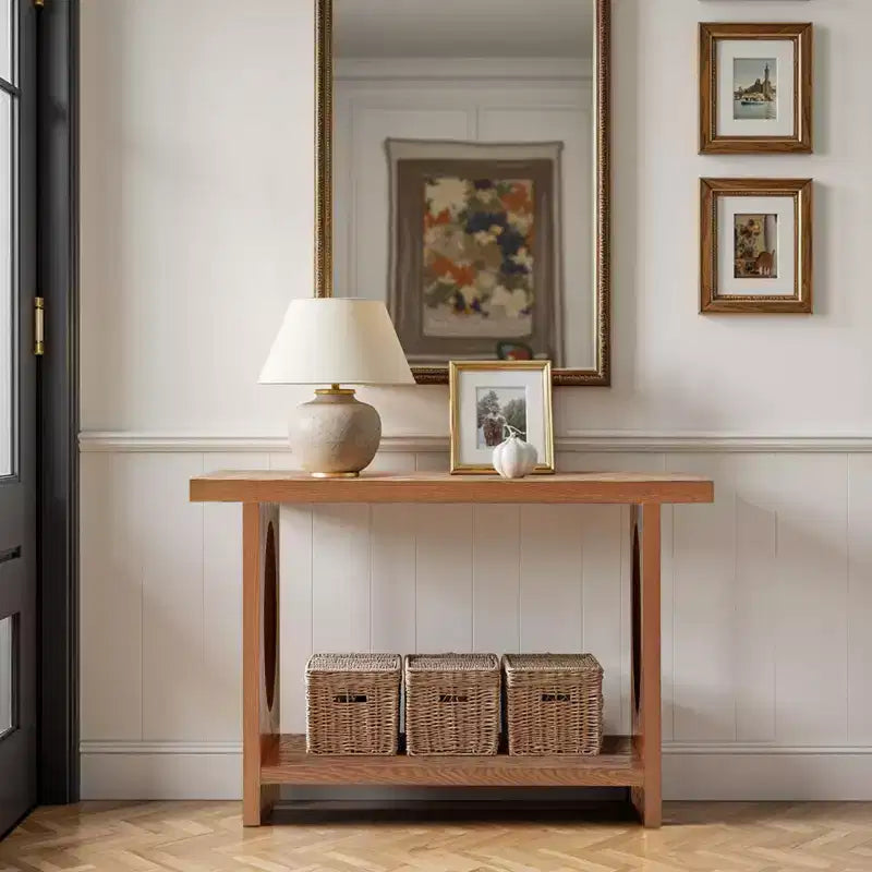 Bekrvio 47-Inch Farmhouse Wood Console Tables with Solid Wood Veneer - 2'' Thickened Tabletop, 2-Tier Narrow Sofa Table Behind Couch