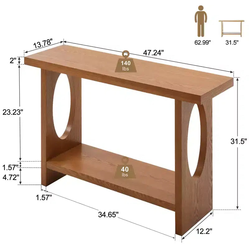 Bekrvio 47-Inch Farmhouse Wood Console Tables with Solid Wood Veneer - 2'' Thickened Tabletop, 2-Tier Narrow Sofa Table Behind Couch