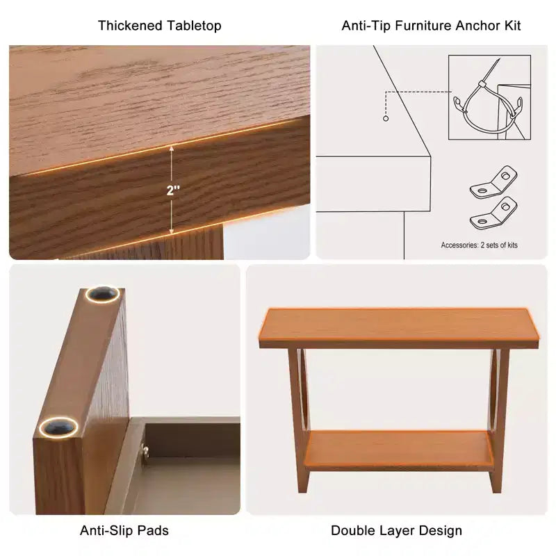 Bekrvio 47-Inch Farmhouse Wood Console Tables with Solid Wood Veneer - 2'' Thickened Tabletop, 2-Tier Narrow Sofa Table Behind Couch