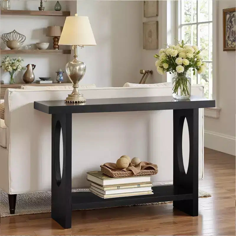 Bekrvio 47-Inch Farmhouse Wood Console Tables with Solid Wood Veneer - 2'' Thickened Tabletop, 2-Tier Narrow Sofa Table Behind Couch
