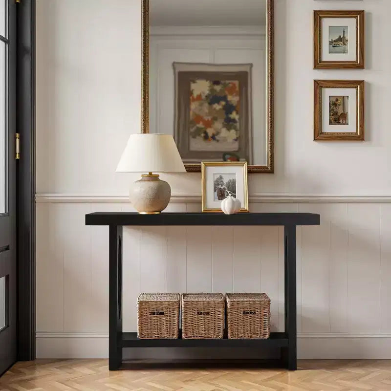 Bekrvio 47-Inch Farmhouse Wood Console Tables with Solid Wood Veneer - 2'' Thickened Tabletop, 2-Tier Narrow Sofa Table Behind Couch
