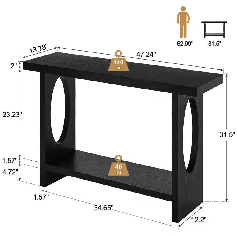 Bekrvio 47-Inch Farmhouse Wood Console Tables with Solid Wood Veneer - 2'' Thickened Tabletop, 2-Tier Narrow Sofa Table Behind Couch