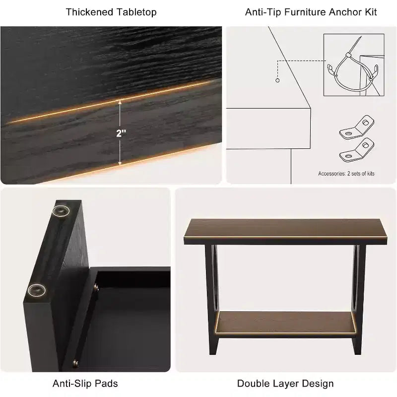 Bekrvio 47-Inch Farmhouse Wood Console Tables with Solid Wood Veneer - 2'' Thickened Tabletop, 2-Tier Narrow Sofa Table Behind Couch