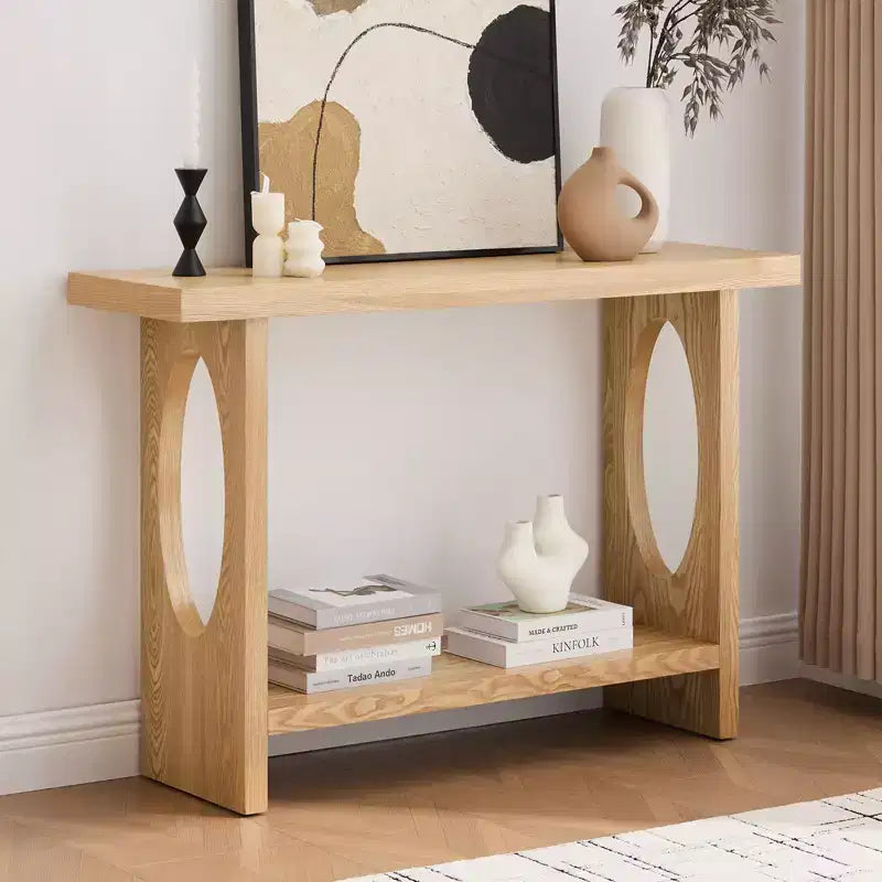 Bekrvio 47-Inch Farmhouse Wood Console Tables with Solid Wood Veneer - 2'' Thickened Tabletop, 2-Tier Narrow Sofa Table Behind Couch