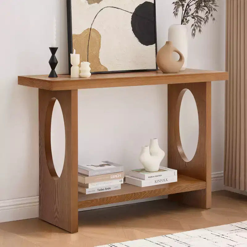 Bekrvio 47-Inch Farmhouse Wood Console Tables with Solid Wood Veneer - 2'' Thickened Tabletop, 2-Tier Narrow Sofa Table Behind Couch