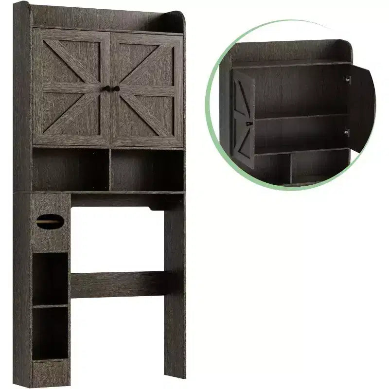 Dyonery bathroom locker, toilet, washing machine above the locker, with barn door, toilet paper holder, with adjustable bottom bar