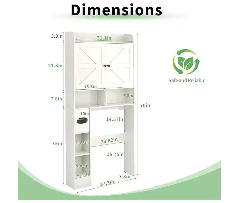 Dyonery bathroom locker, toilet, washing machine above the locker, with barn door, toilet paper holder, with adjustable bottom bar