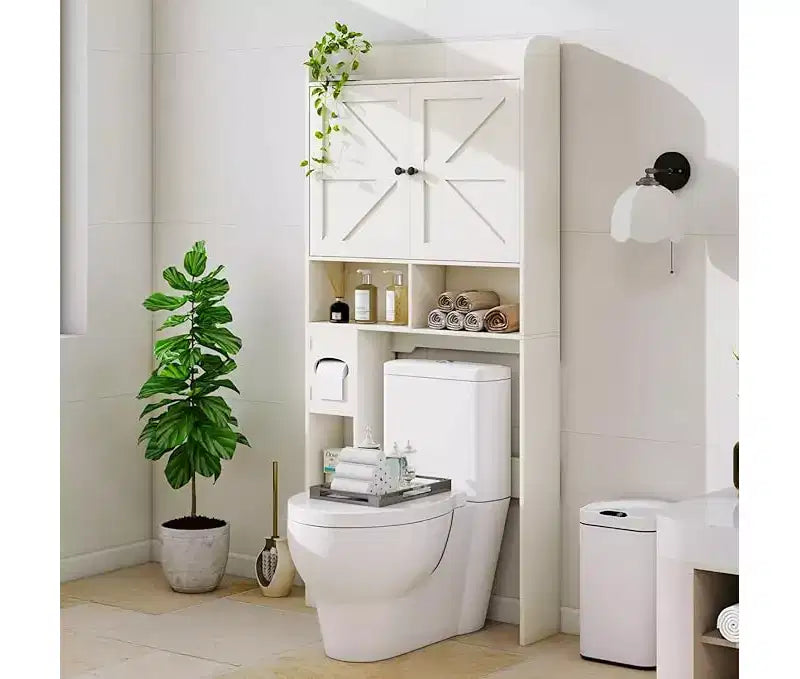 Dyonery bathroom locker, toilet, washing machine above the locker, with barn door, toilet paper holder, with adjustable bottom bar