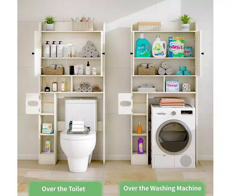 Dyonery bathroom locker, toilet, washing machine above the locker, with barn door, toilet paper holder, with adjustable bottom bar
