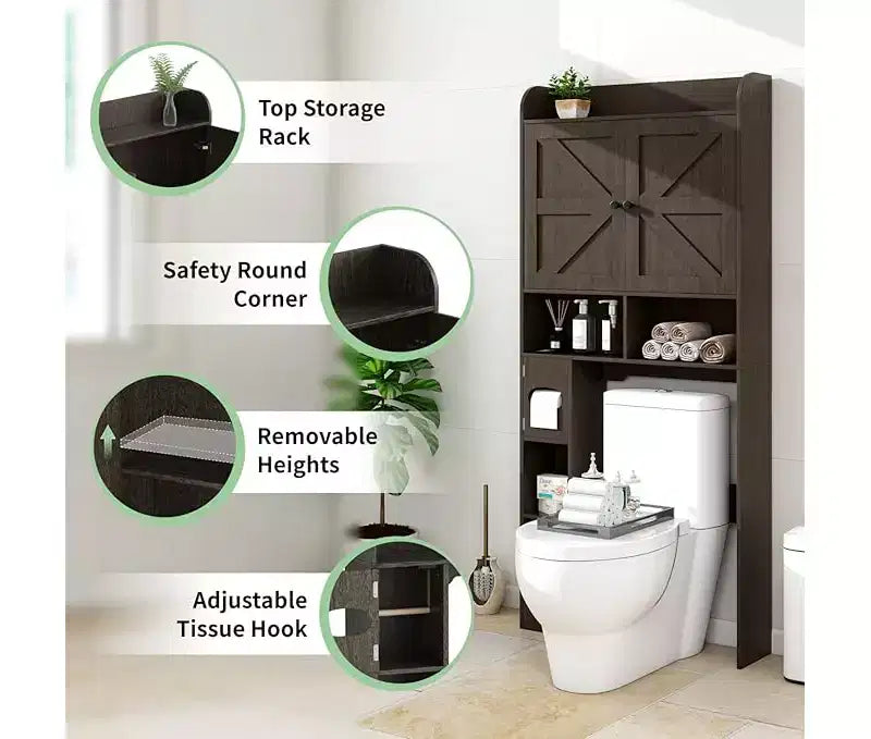 Dyonery bathroom locker, toilet, washing machine above the locker, with barn door, toilet paper holder, with adjustable bottom bar