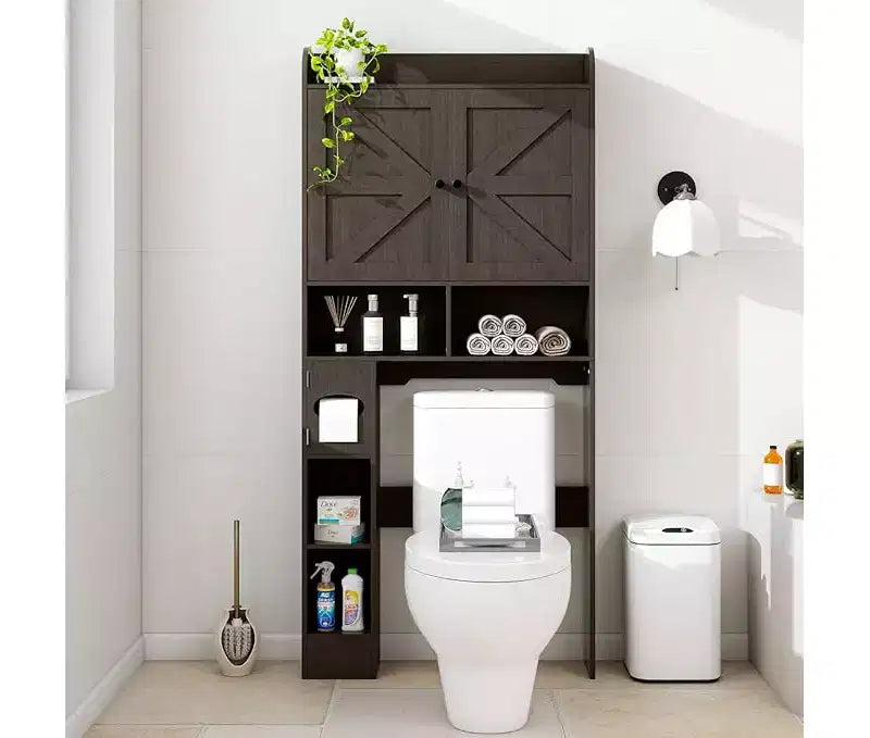 Dyonery bathroom locker, toilet, washing machine above the locker, with barn door, toilet paper holder, with adjustable bottom bar