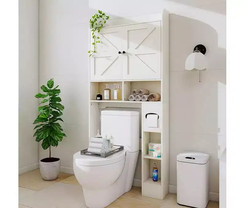 Dyonery bathroom locker, toilet, washing machine above the locker, with barn door, toilet paper holder, with adjustable bottom bar