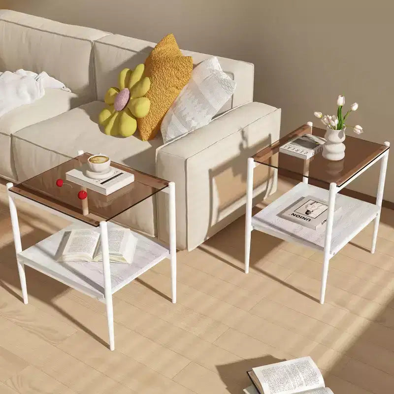 Okak Elegant Tempered Glass Coffee Table Smooth Edge 2PC, Modern Rectangle Tea End Table with Open Shelf for Small Living Room