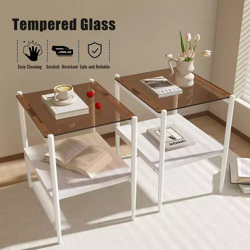 Okak Elegant Tempered Glass Coffee Table Smooth Edge 2PC, Modern Rectangle Tea End Table with Open Shelf for Small Living Room
