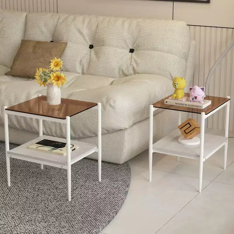 Okak Elegant Tempered Glass Coffee Table Smooth Edge 2PC, Modern Rectangle Tea End Table with Open Shelf for Small Living Room