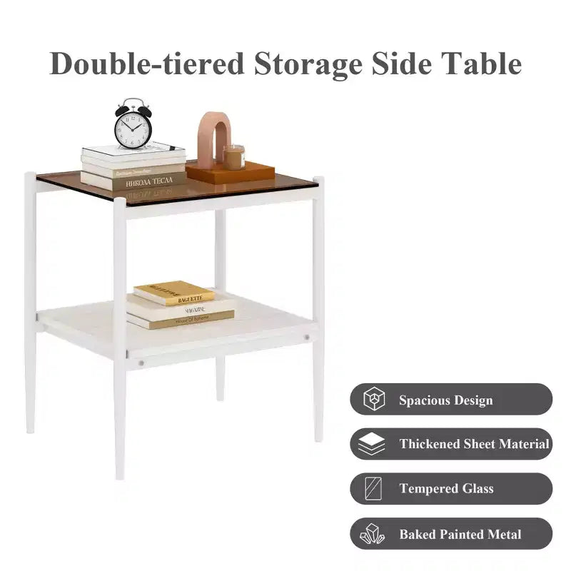 Okak Elegant Tempered Glass Coffee Table Smooth Edge 2PC, Modern Rectangle Tea End Table with Open Shelf for Small Living Room