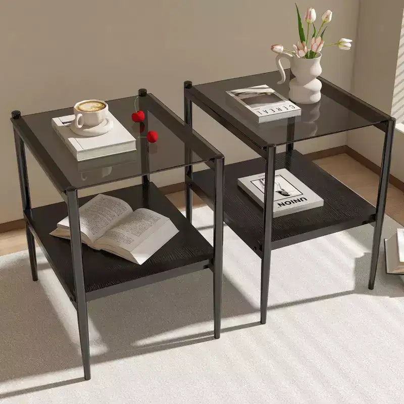 Okak Elegant Tempered Glass Coffee Table Smooth Edge 2PC, Modern Rectangle Tea End Table with Open Shelf for Small Living Room