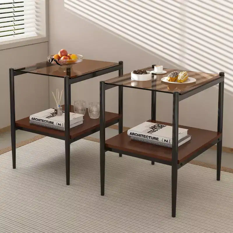 Okak Elegant Tempered Glass Coffee Table Smooth Edge 2PC, Modern Rectangle Tea End Table with Open Shelf for Small Living Room