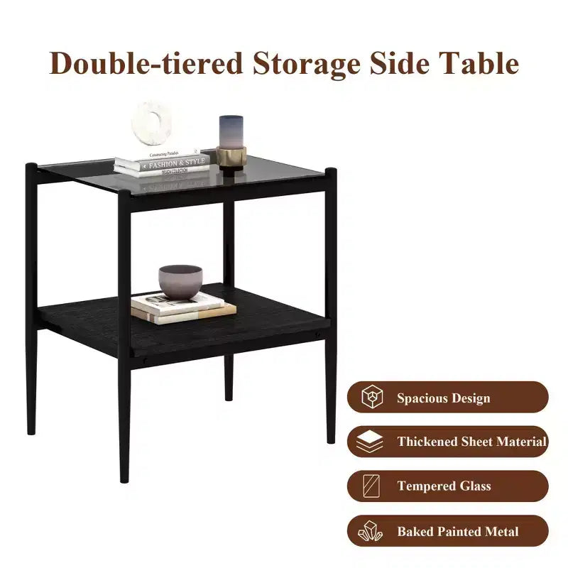 Okak Elegant Tempered Glass Coffee Table Smooth Edge 2PC, Modern Rectangle Tea End Table with Open Shelf for Small Living Room